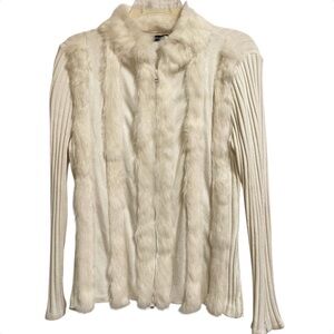 Gaby & Eden Ivory Rabbit FurTrim Zip Front Knit Cardigan Sweater Size Small